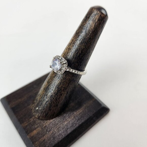 Halo Simulated Diamond Engagement Ring Round Cut Silver‎ Tone - Picture 5 of 11